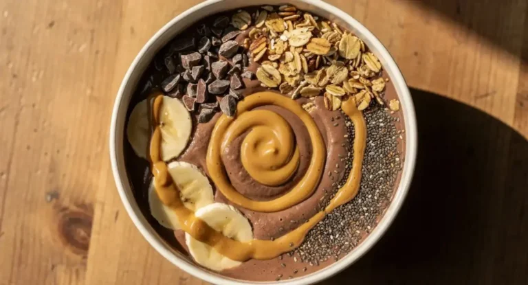 Chocolate Peanut Butter Smoothie Bowl topped with fresh fruits and nuts