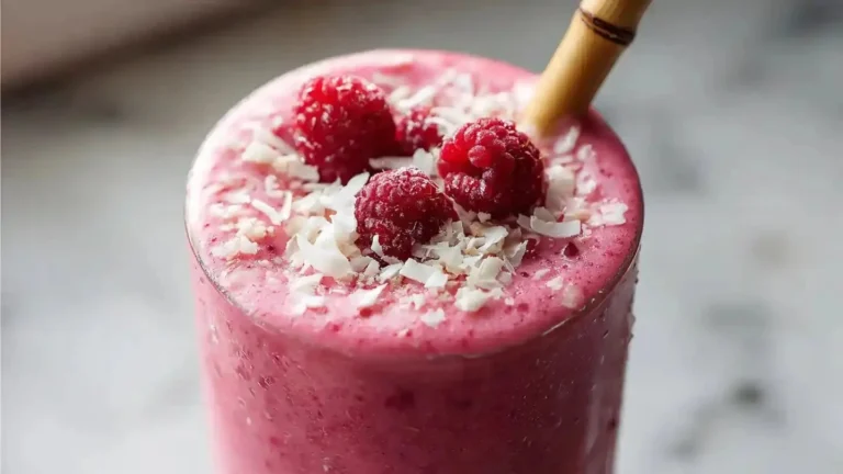 Delicious Coconut Raspberry Smoothie in a glass with fresh raspberries and coconut flakes.
