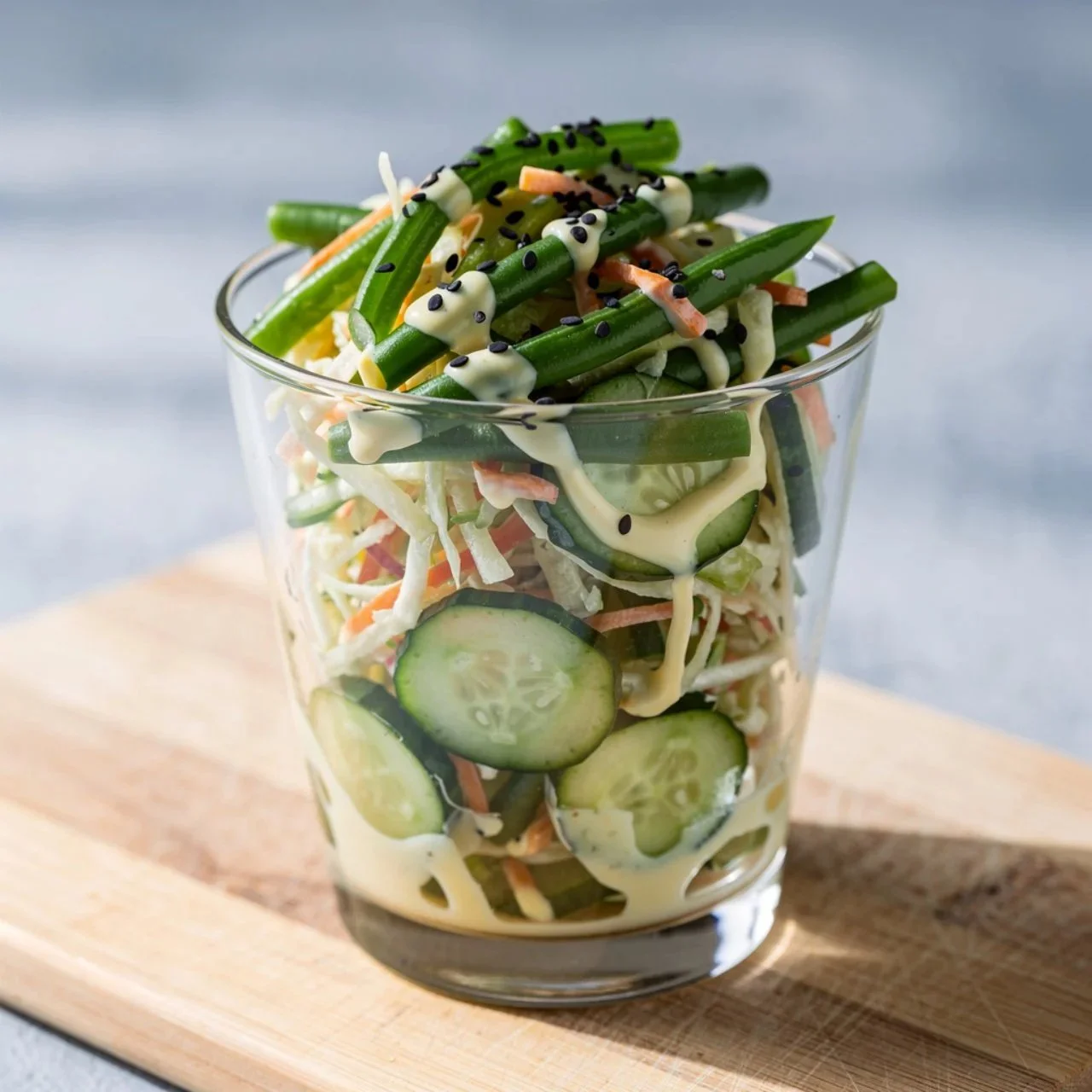 Creamy Asian cucumber salad bowl topped with fresh ingredients.