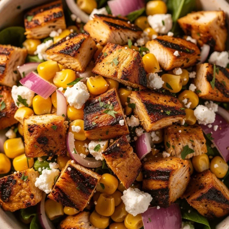 Creamy high protein chicken salad with street corn, served in a bowl.