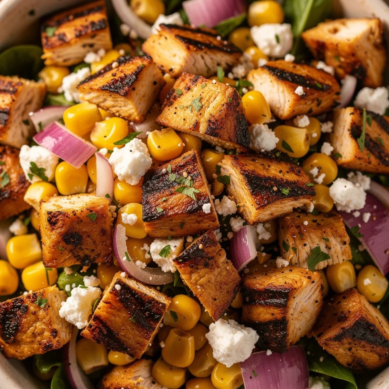 Creamy high protein chicken salad with street corn, served in a bowl.
