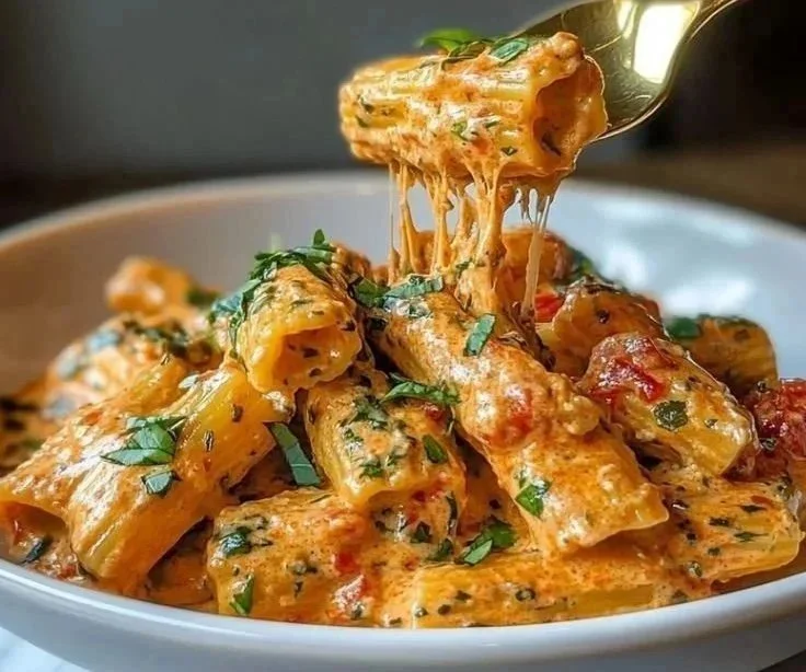 Plate of creamy tomato garlic pasta garnished with fresh basil and Parmesan cheese