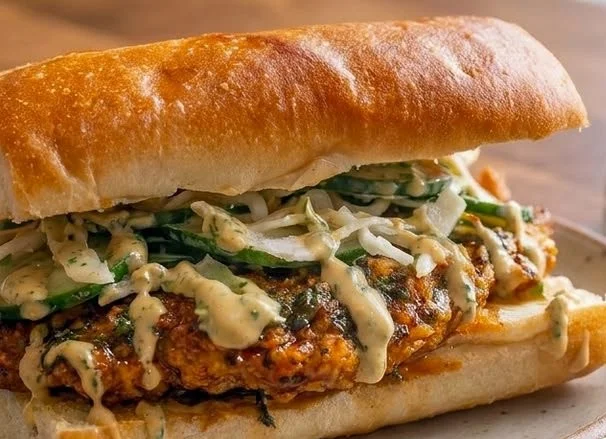 Crispy cilantro lime chicken sandwich on a plate with fresh toppings