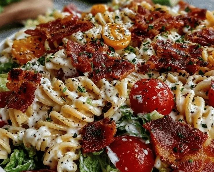 Delicious crispy creamy BLT pasta salad in a bowl with fresh ingredients.