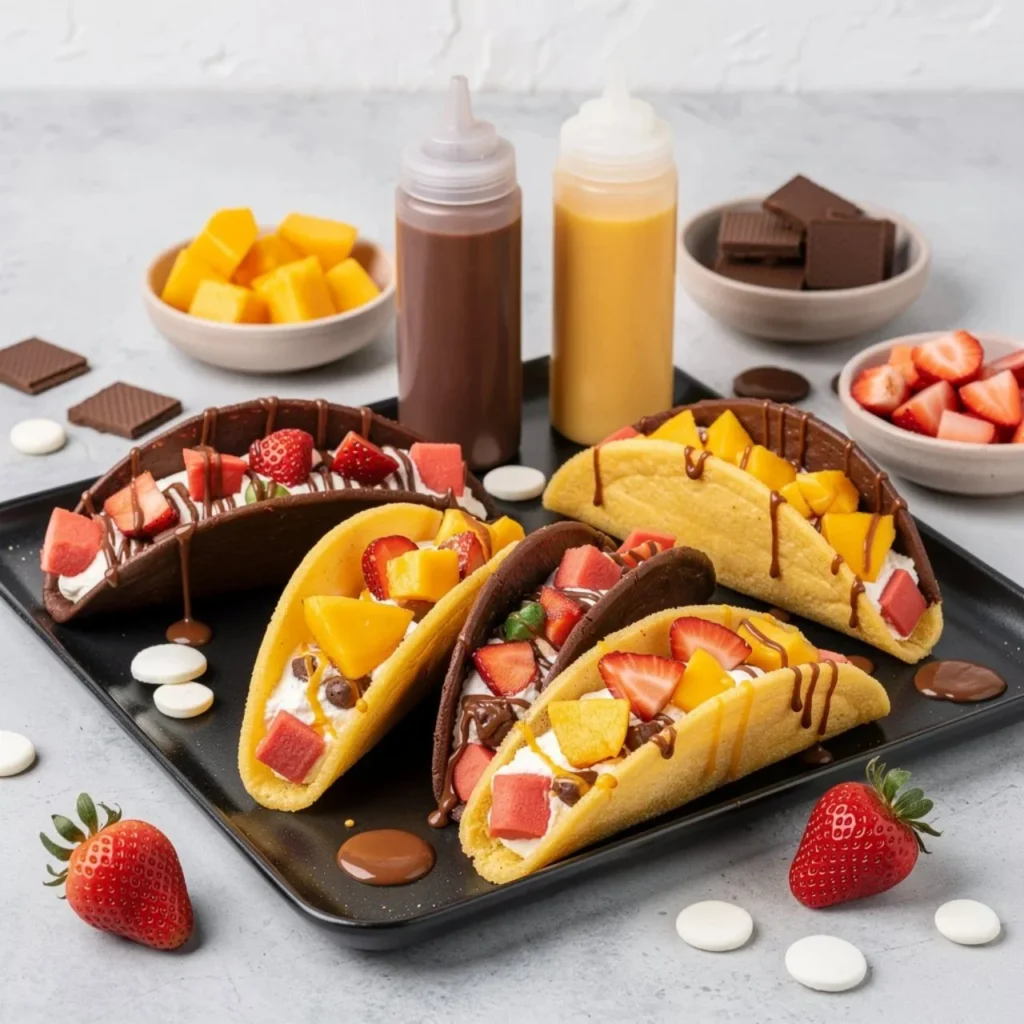 Delicious easy cake tacos served on a colorful plate with toppings.