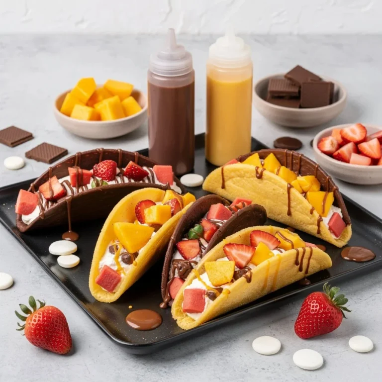 Delicious easy cake tacos served on a colorful plate with toppings.
