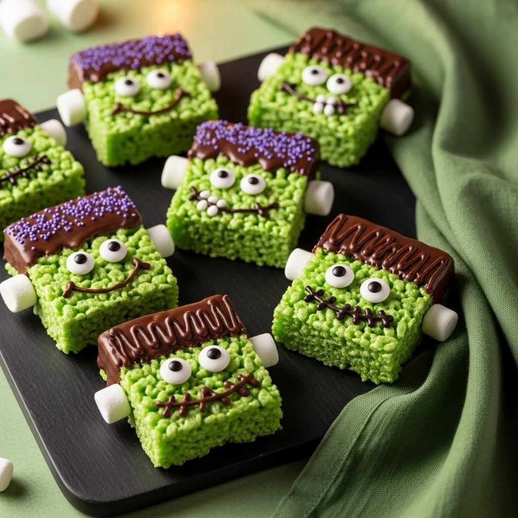 Easy Frankenstein Rice Treats made with crispy rice and Halloween decorations.