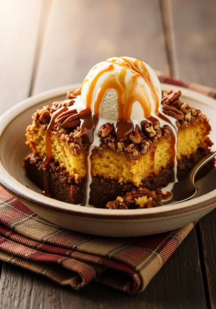 Delicious easy pumpkin dump cake topped with whipped cream and spices.