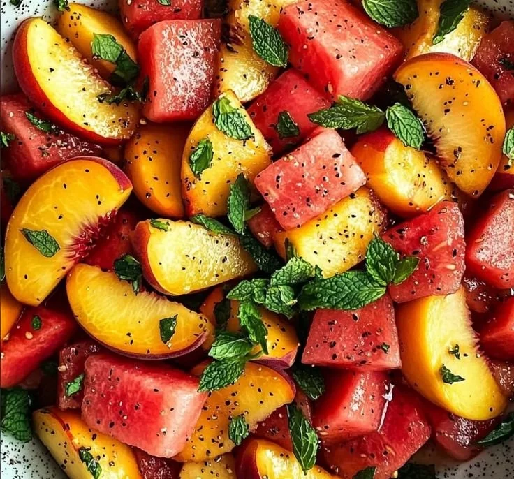 Refreshing peach watermelon salad in a bowl, perfect for summer gatherings.