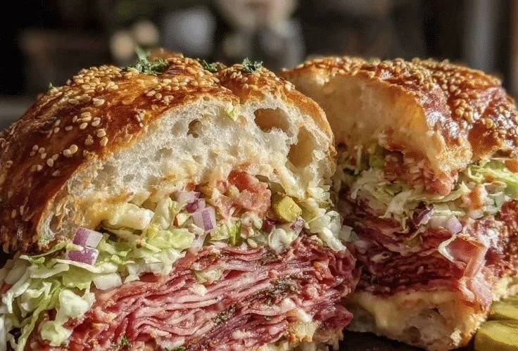 Delicious homemade muffuletta sandwich with layers of meats and olive salad