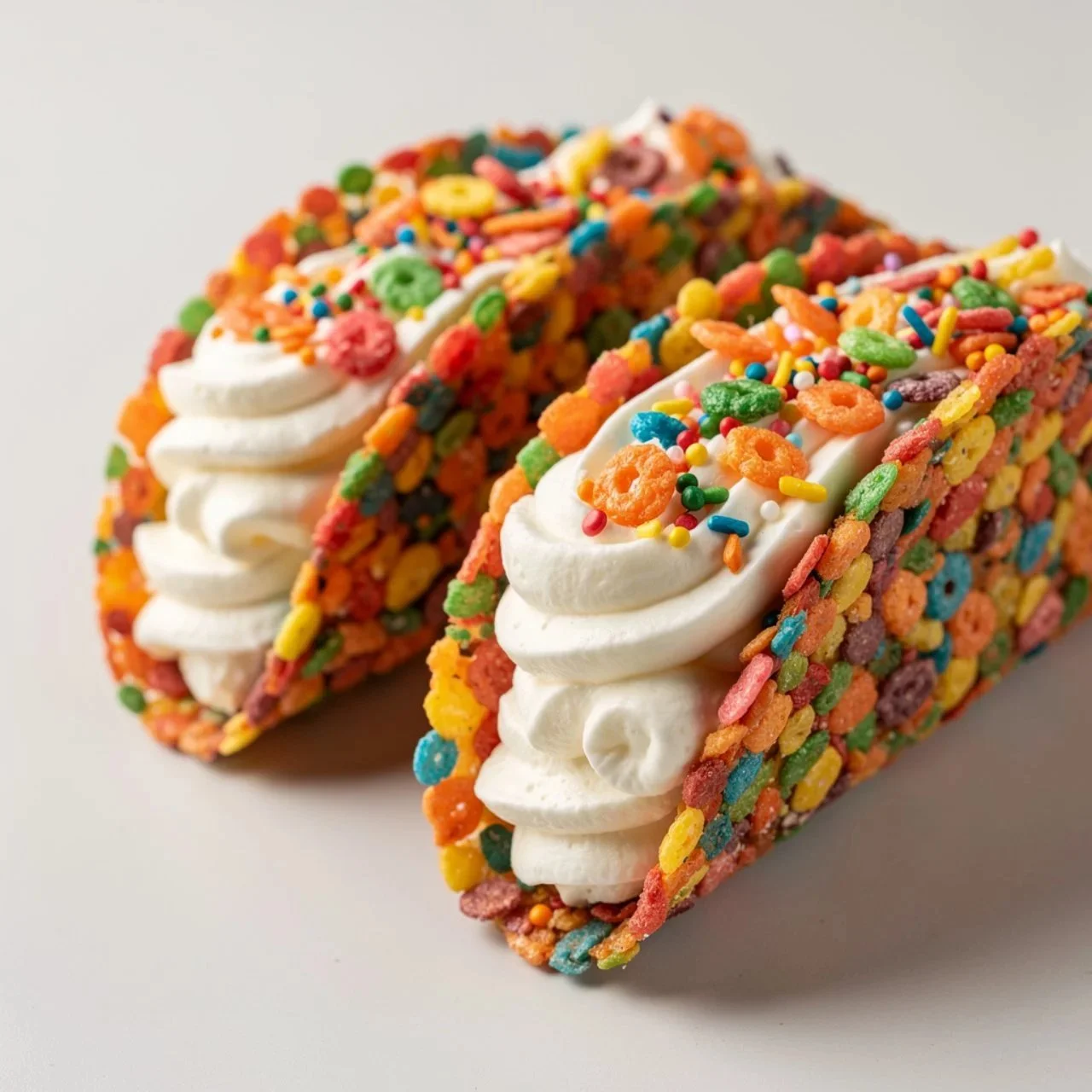 Delicious Fruity Pebbles cheesecake tacos topped with colorful cereal