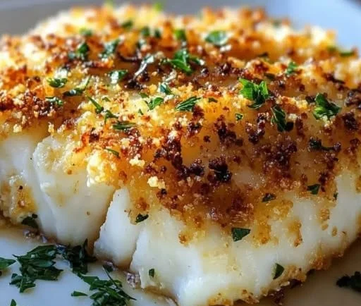 Garlic Parmesan Crusted Halibut served on a plate with garnishes