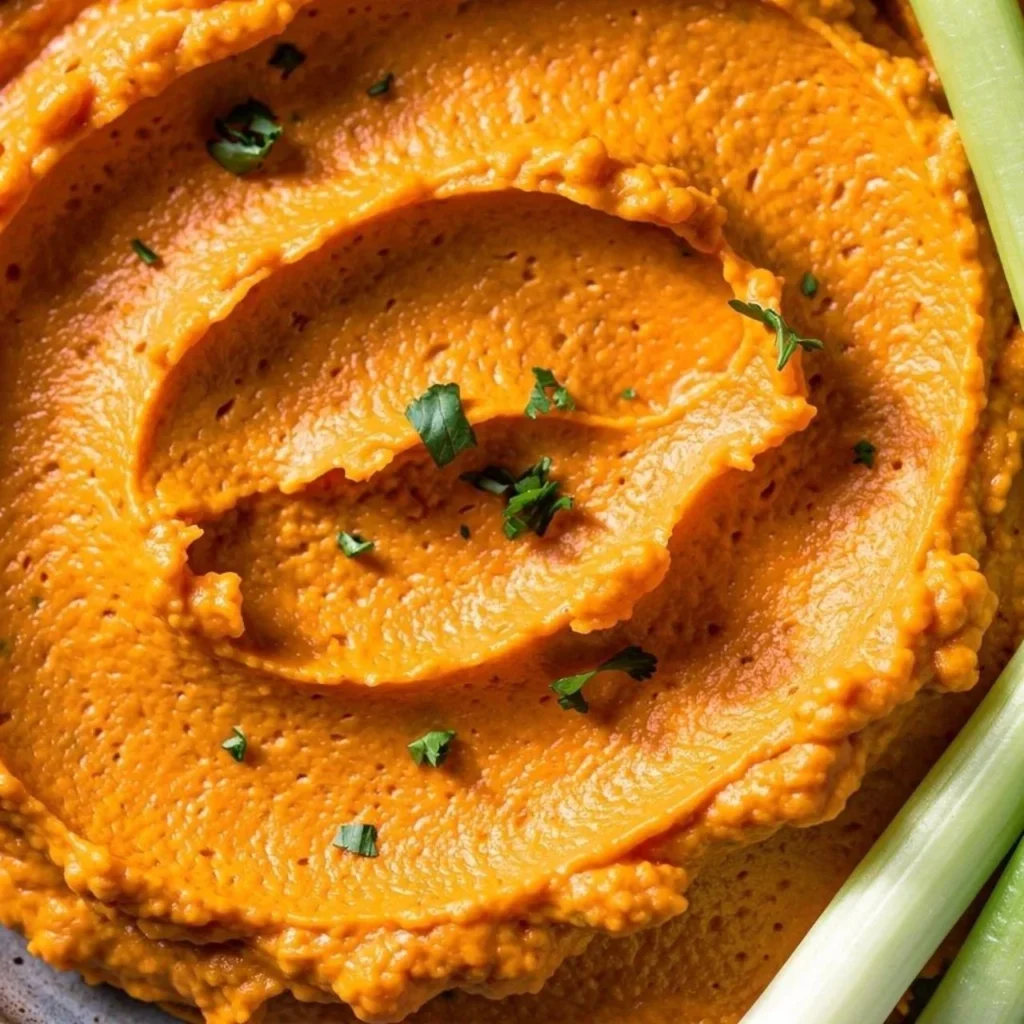 Healthy Greek yogurt buffalo chicken dip served in a bowl