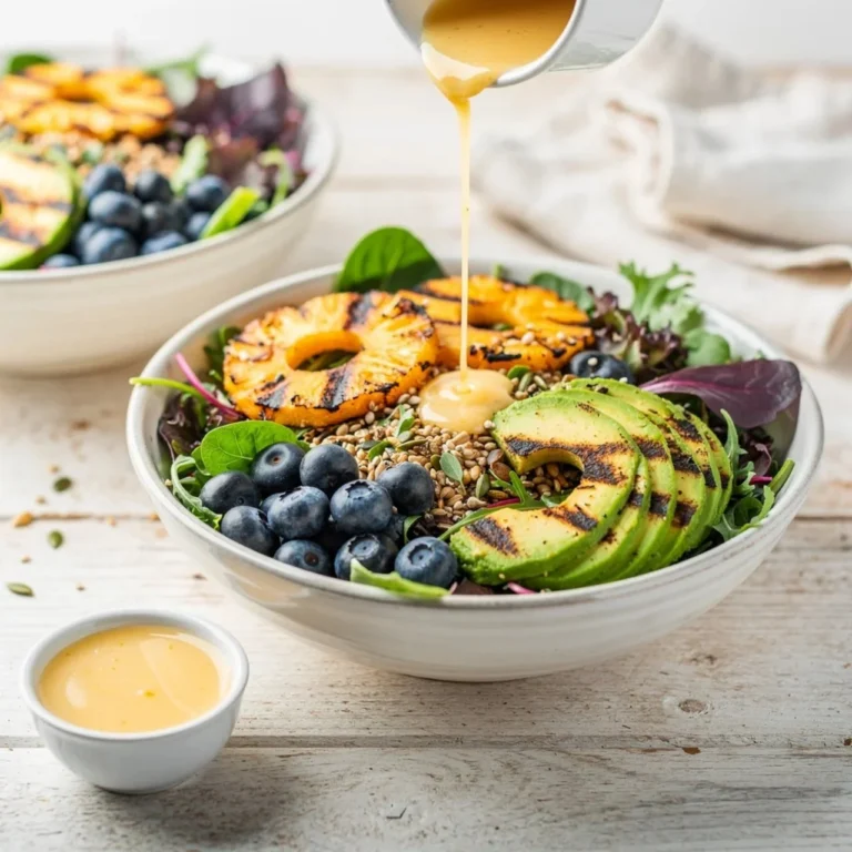 Grilled pineapple salad with creamy citrus dressing served in a bowl