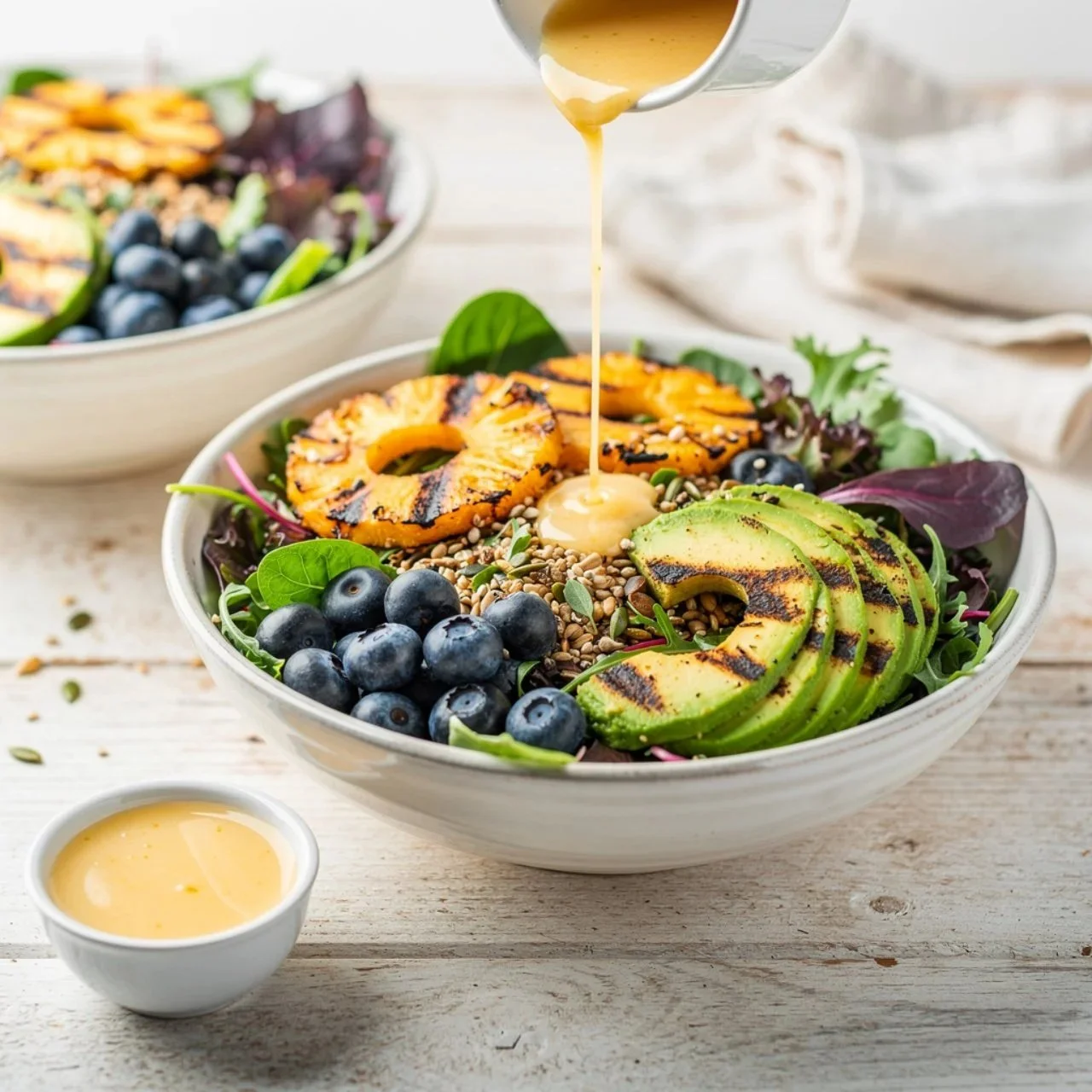 Grilled pineapple salad with creamy citrus dressing served in a bowl