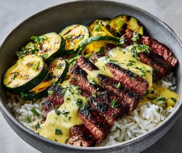 Grilled steak and zucchini bowl garnished with fresh herbs
