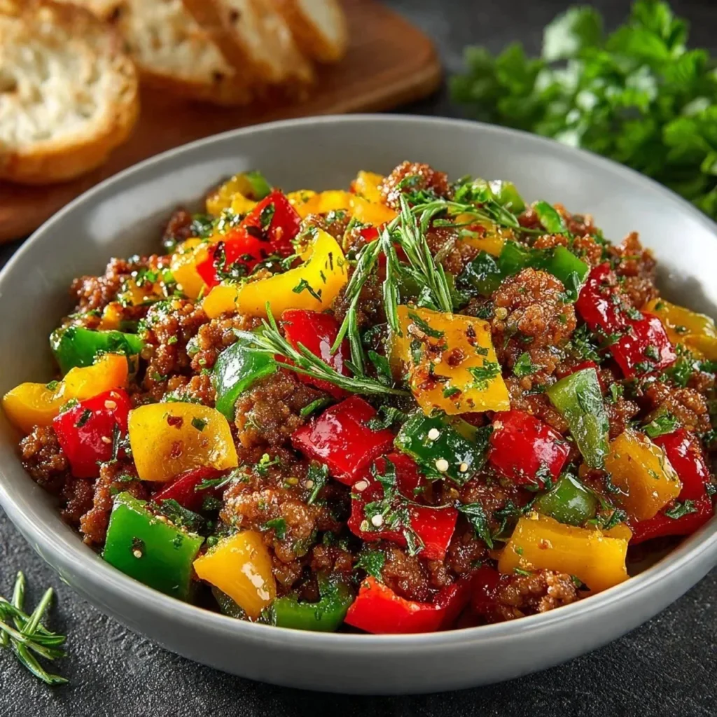 Sautéed ground turkey with colorful bell peppers in a frying pan