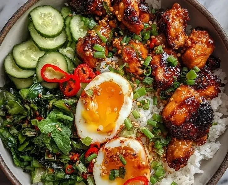 Hot Honey Chicken Rice Bowls with honey-glazed chicken and fresh vegetables