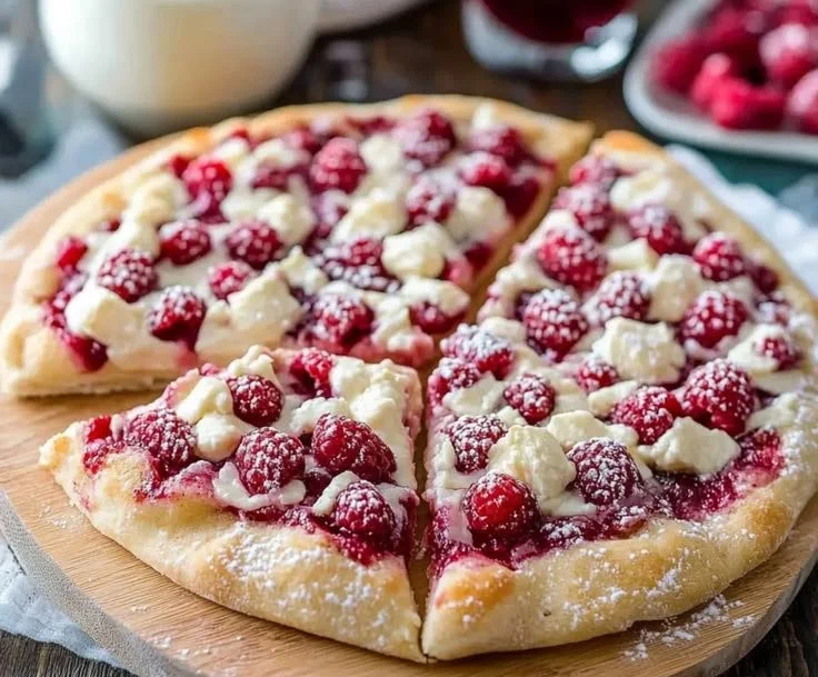 Indulgent raspberry cheesecake dessert pizza topped with fresh raspberries