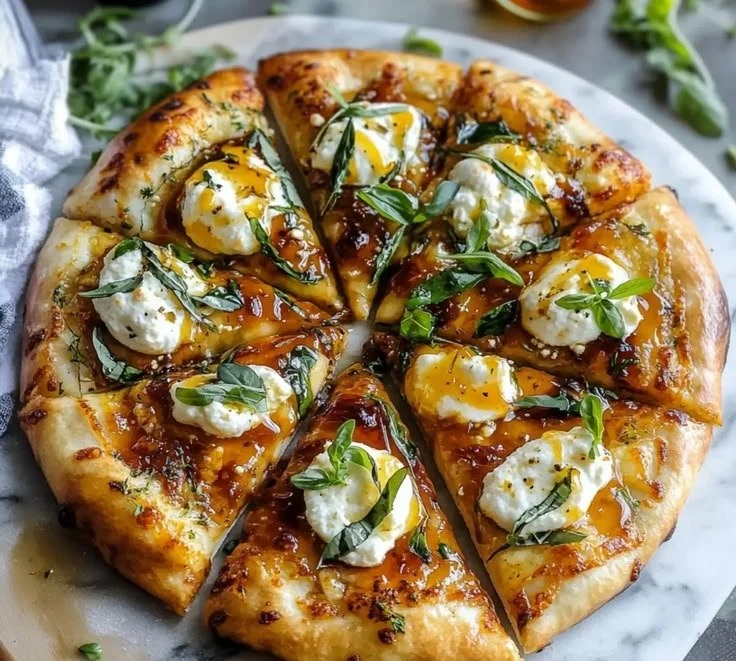 Hot honey ricotta pizza topped with drizzled honey and fresh herbs.