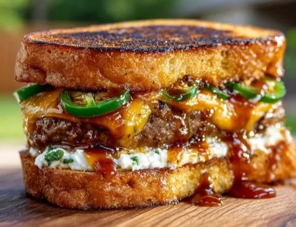 Jalapeño Popper Patty Melts with cheese and jalapeños on a toasted bun
