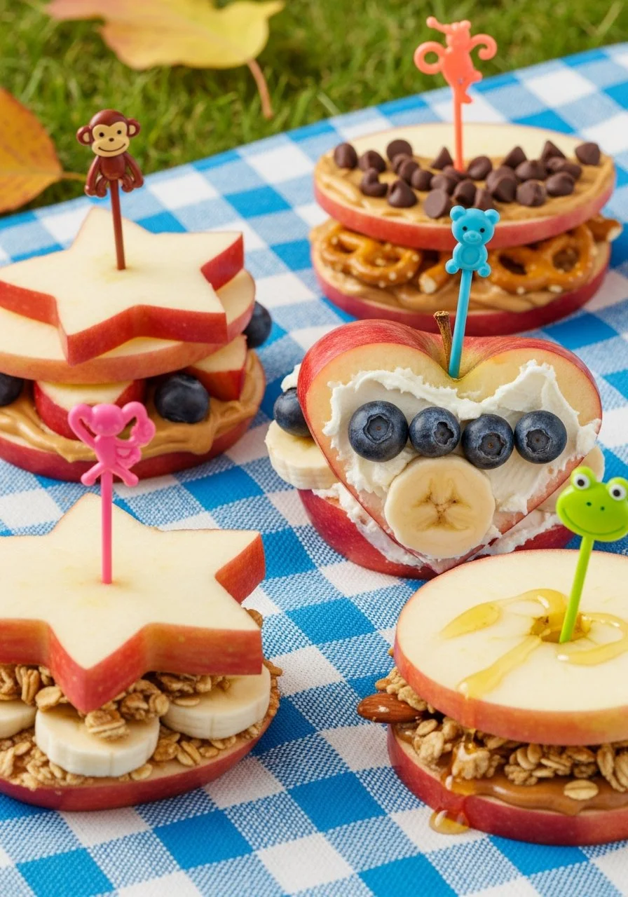 Delicious kid-friendly apple sandwiches with peanut butter and toppings