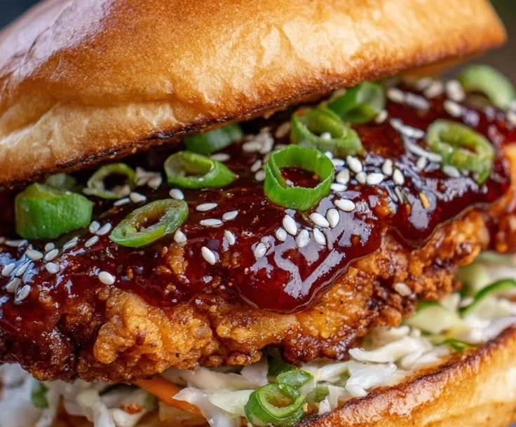 Delicious Korean BBQ Chicken Sandwich with crispy texture and glossy glaze