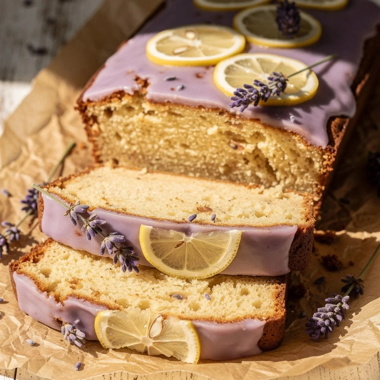 Slice of Lemon Lavender Cake with delicate lavender flowers and lemon zest decoration.