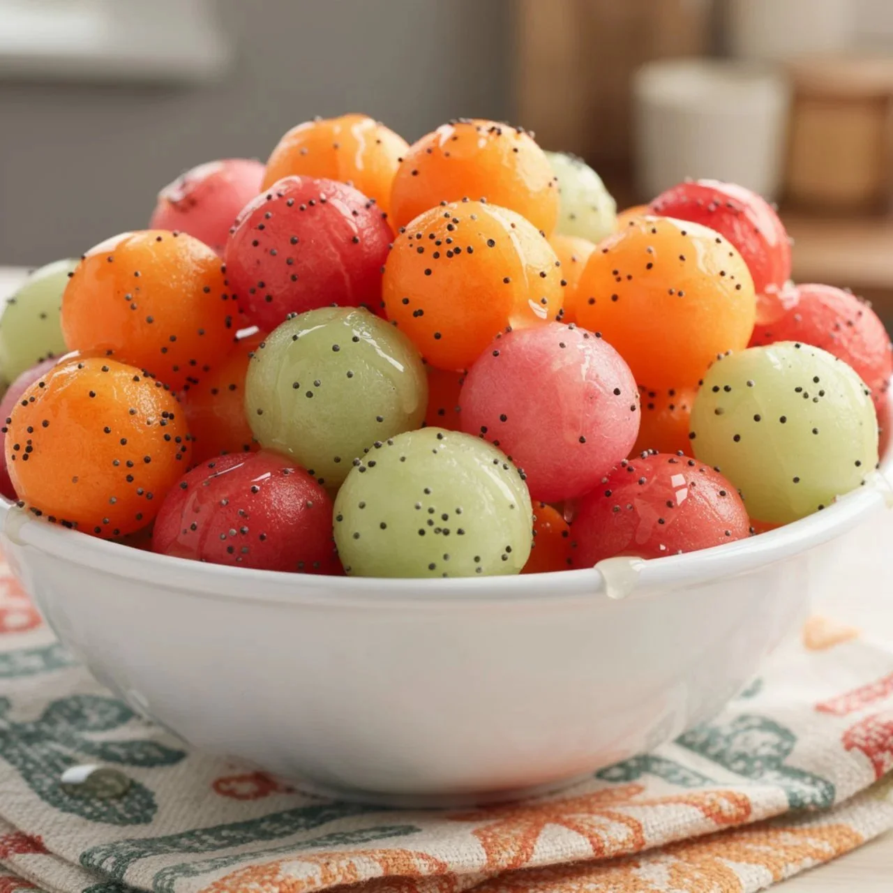 Melon balls served with poppy seed dressing in a fresh summer salad