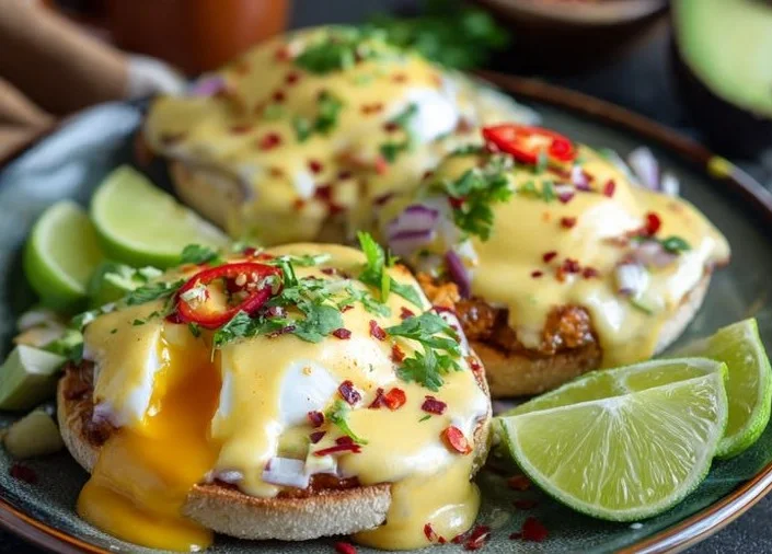 A plate of Mexican Eggs Benedict with poached eggs, tortillas, and salsa.