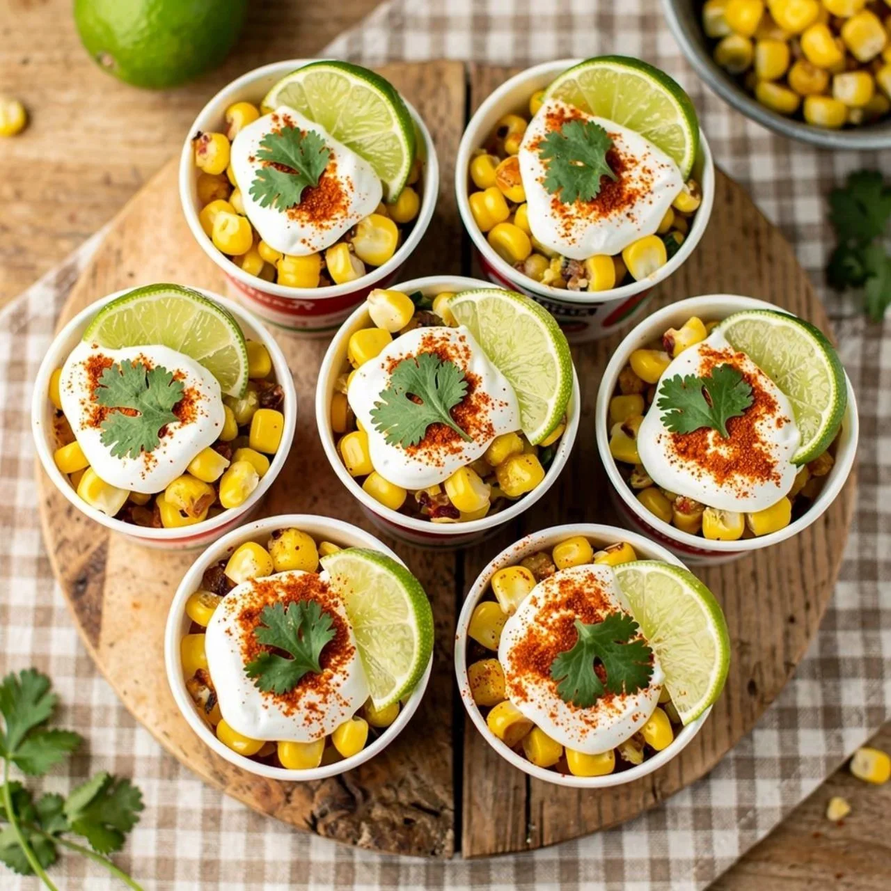 Mexican street corn salad cups served in colorful dishes