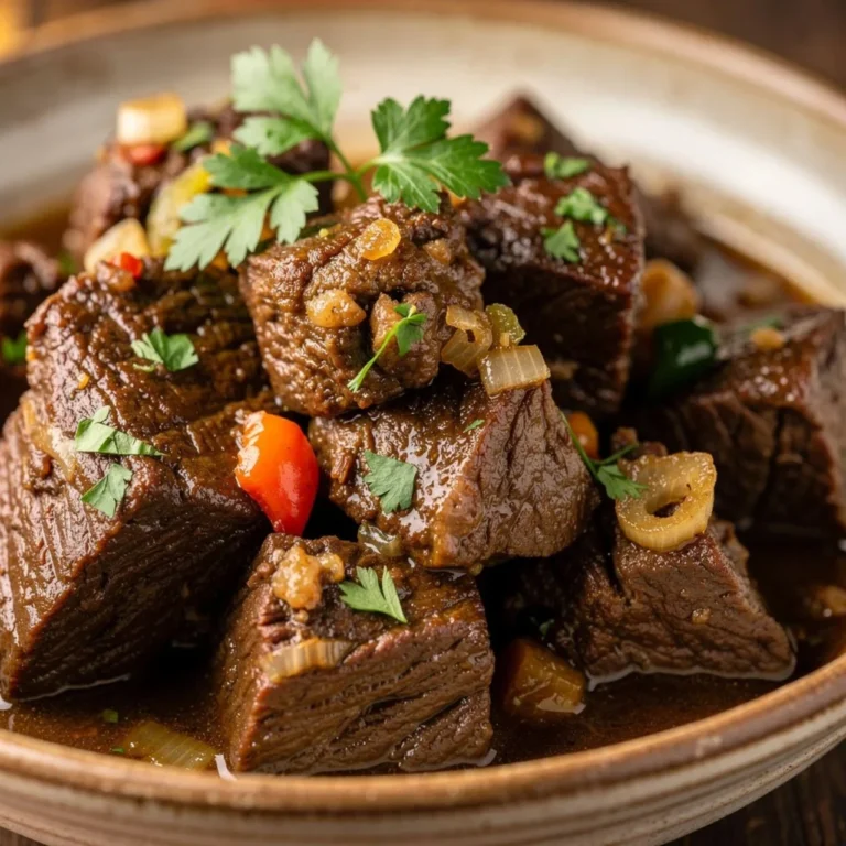 Plate of flavorful Mississippi steak bites garnished with herbs