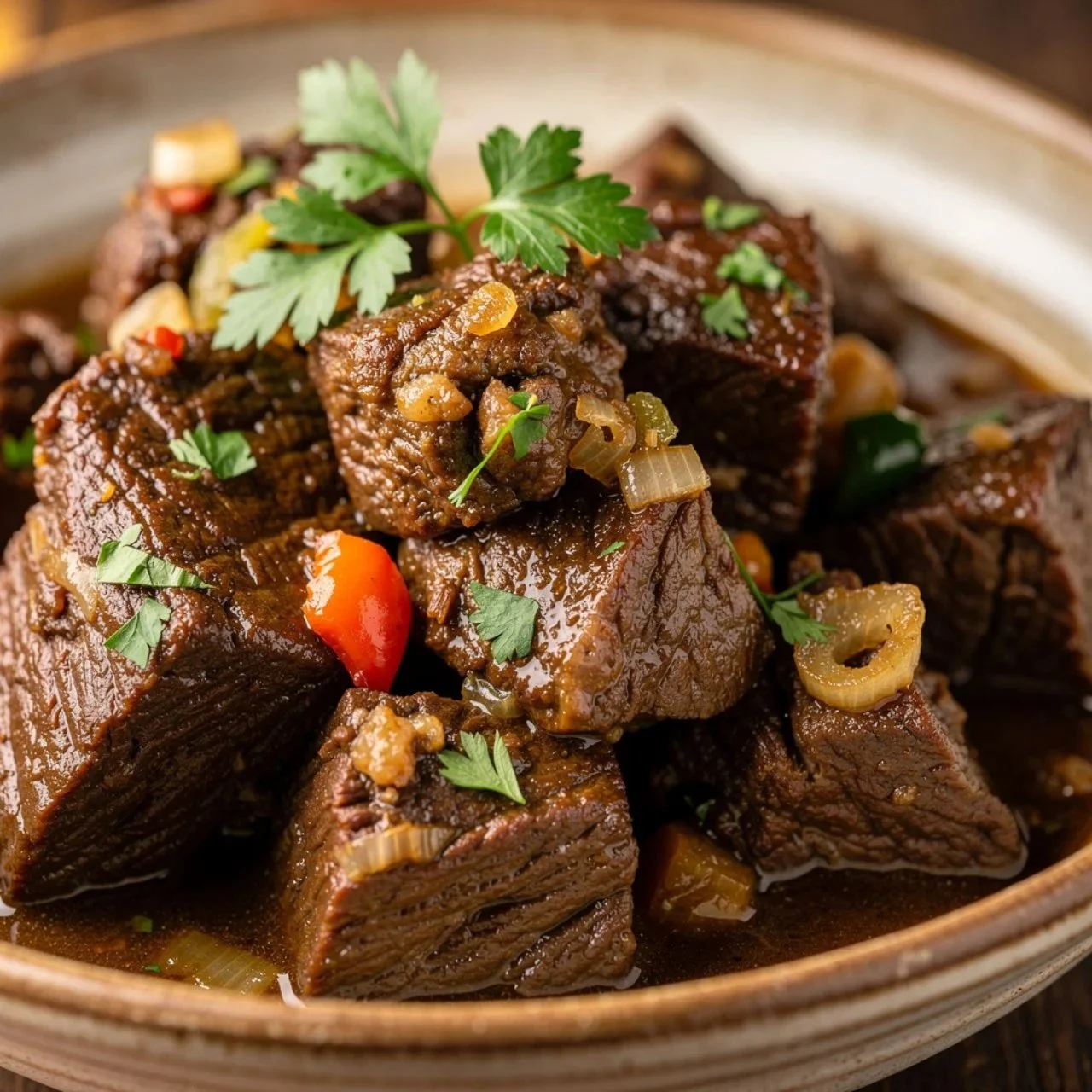 Plate of flavorful Mississippi steak bites garnished with herbs