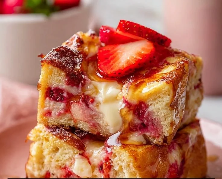 Delicious strawberry cheesecake French toast bake topped with fresh strawberries.