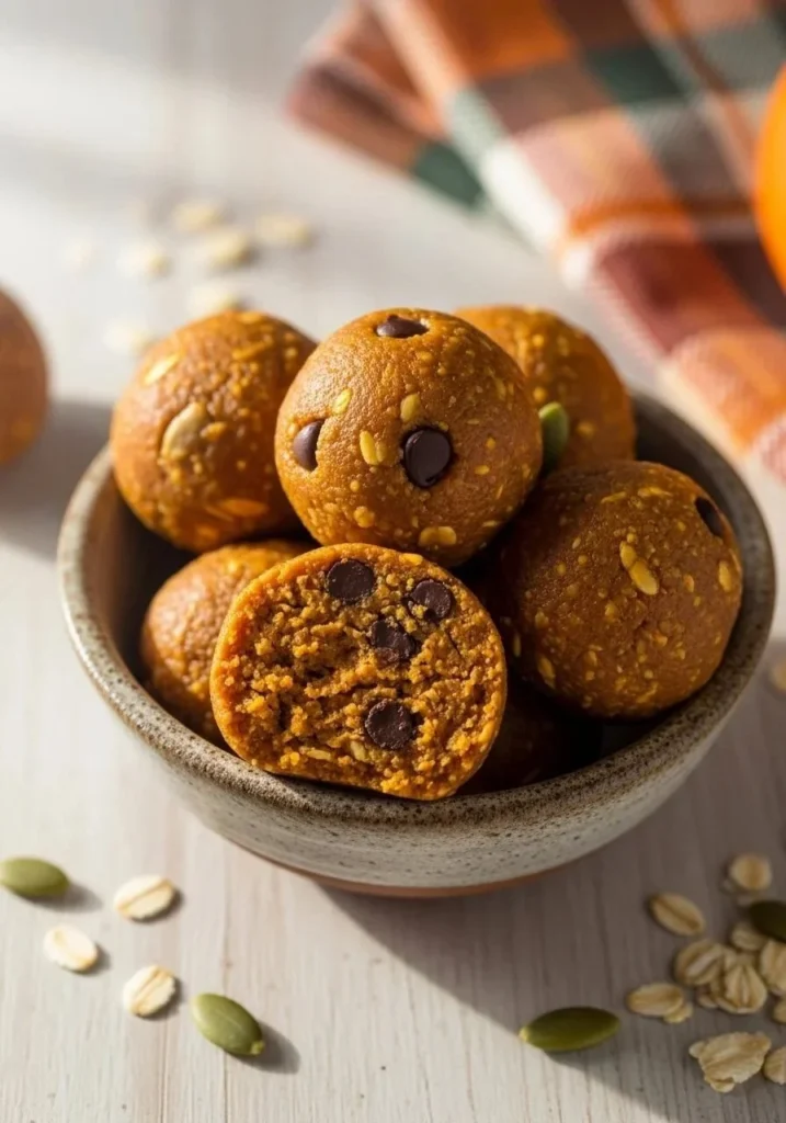 No-bake pumpkin protein balls stacked on a wooden surface