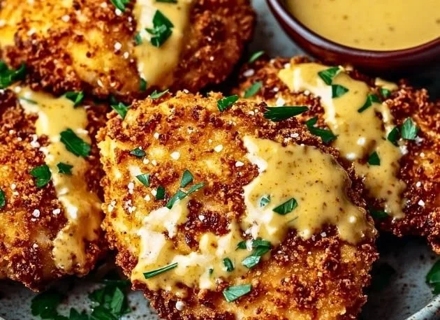 Pretzel Chicken served with Mustard-Cheddar Sauce on a plate