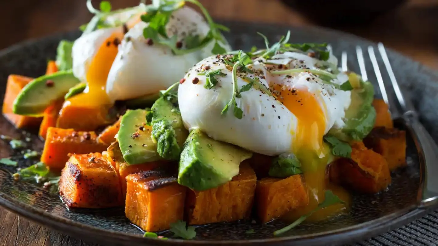Plate of roasted sweet potato topped with a poached egg, garnished beautifully.