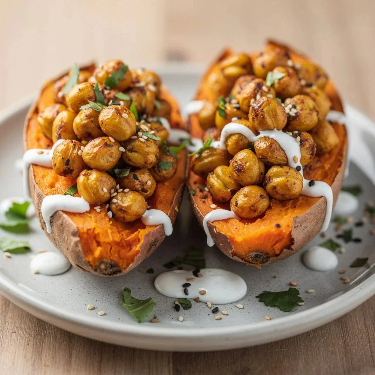 Plate of roasted sweet potatoes with crispy chickpeas and tahini butter drizzle.