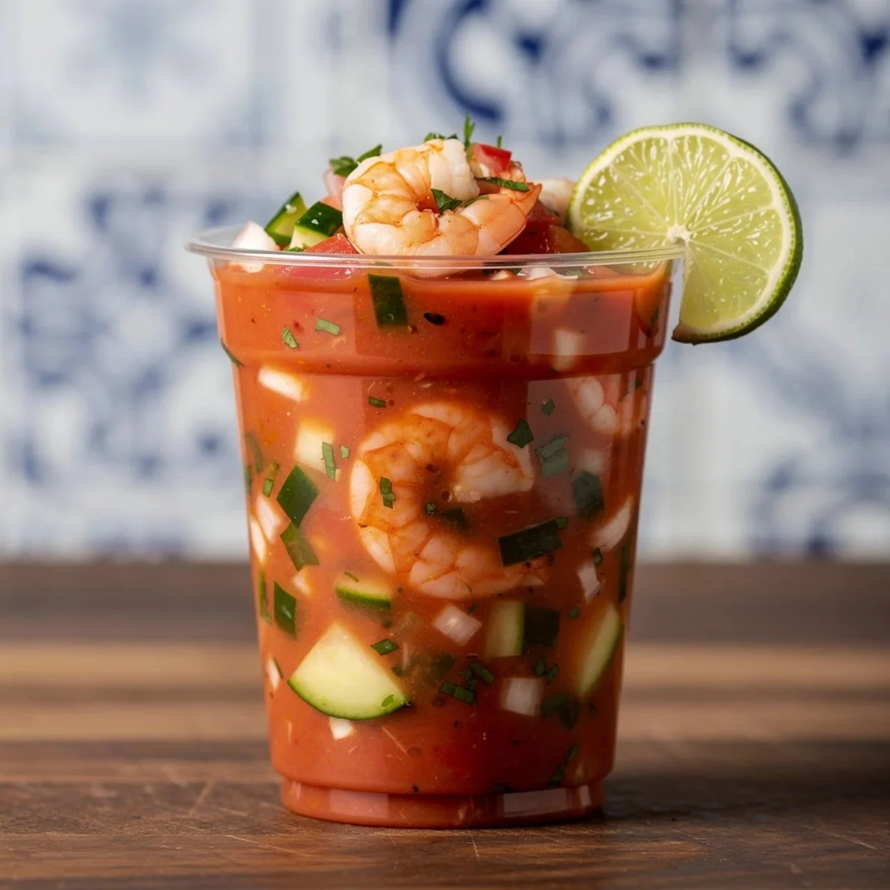 Shrimp cocktail served in a glass with zesty sauce and lemon garnish
