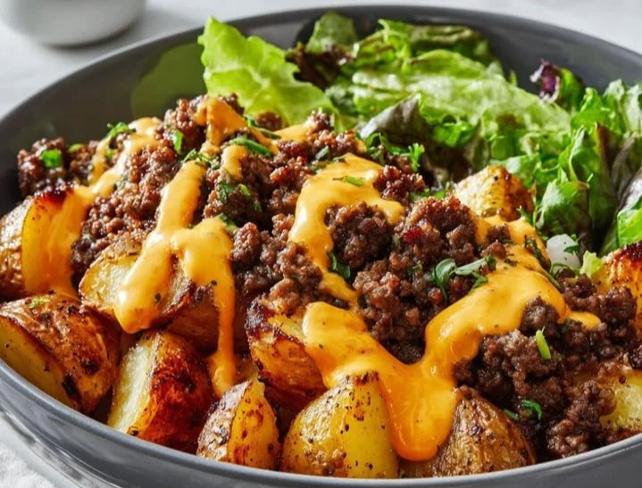 Smash Burger Bowl with juicy beef, fresh veggies, and flavorful sauce