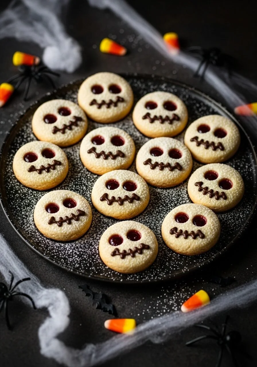Spooky skeleton thumbprint cookies decorated for Halloween.