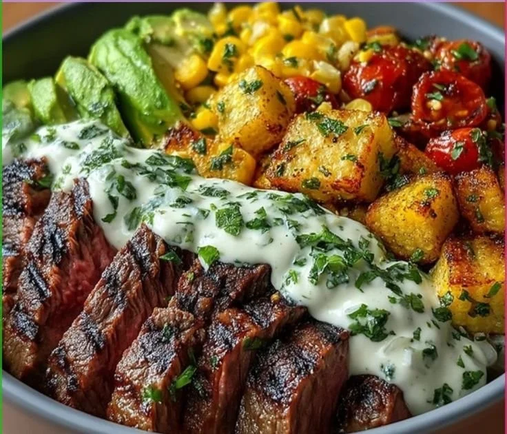 Delicious steak bowl with corn and cilantro cream sauce