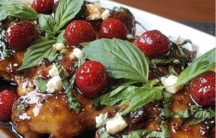 Delicious Strawberry Basil Chicken garnished with fresh basil and juicy strawberries