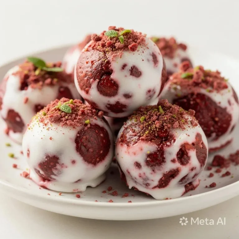 Strawberry Cheesecake Protein Balls stacked on a plate