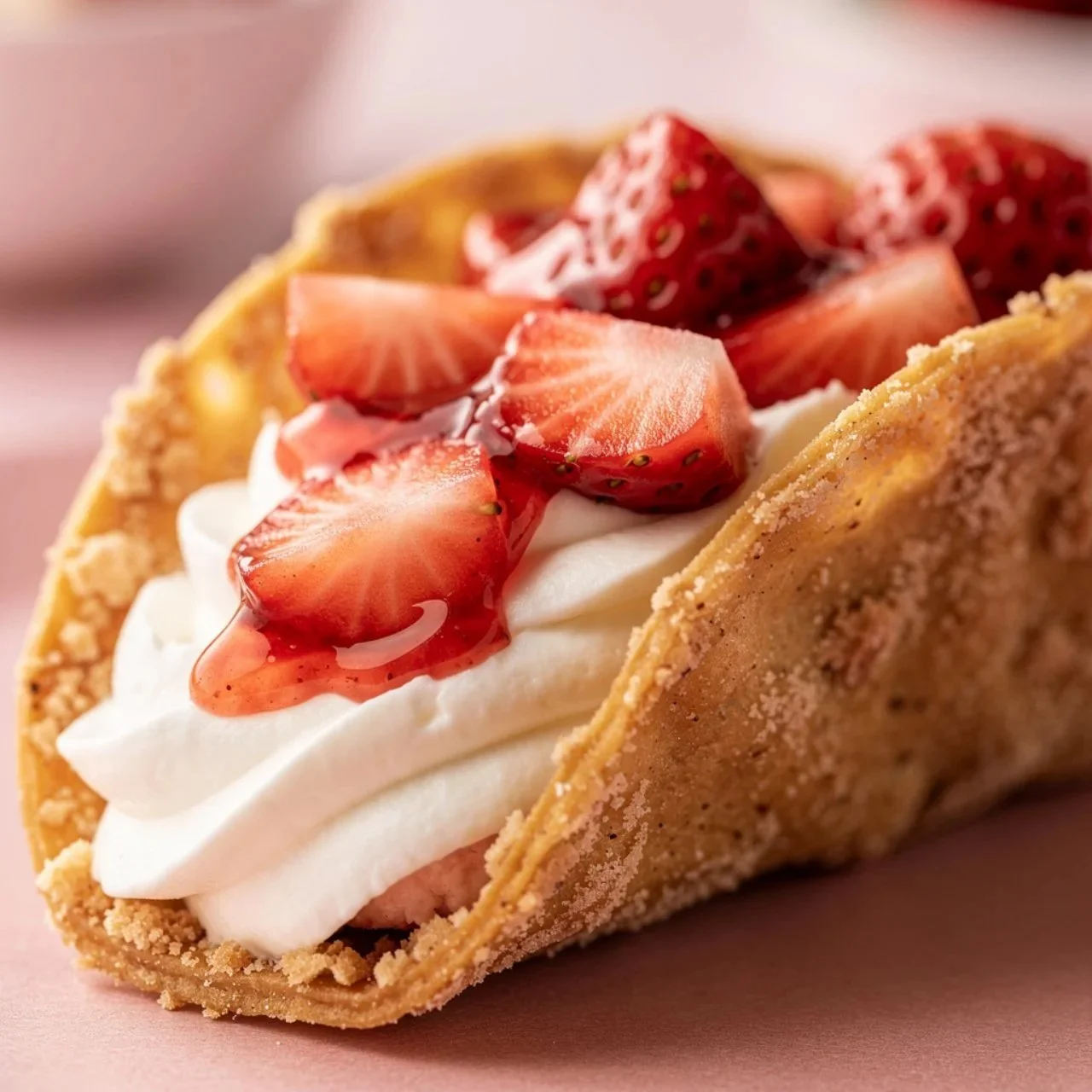 Strawberry Crunch Cheesecake Tacos served on a plate with fresh strawberries.