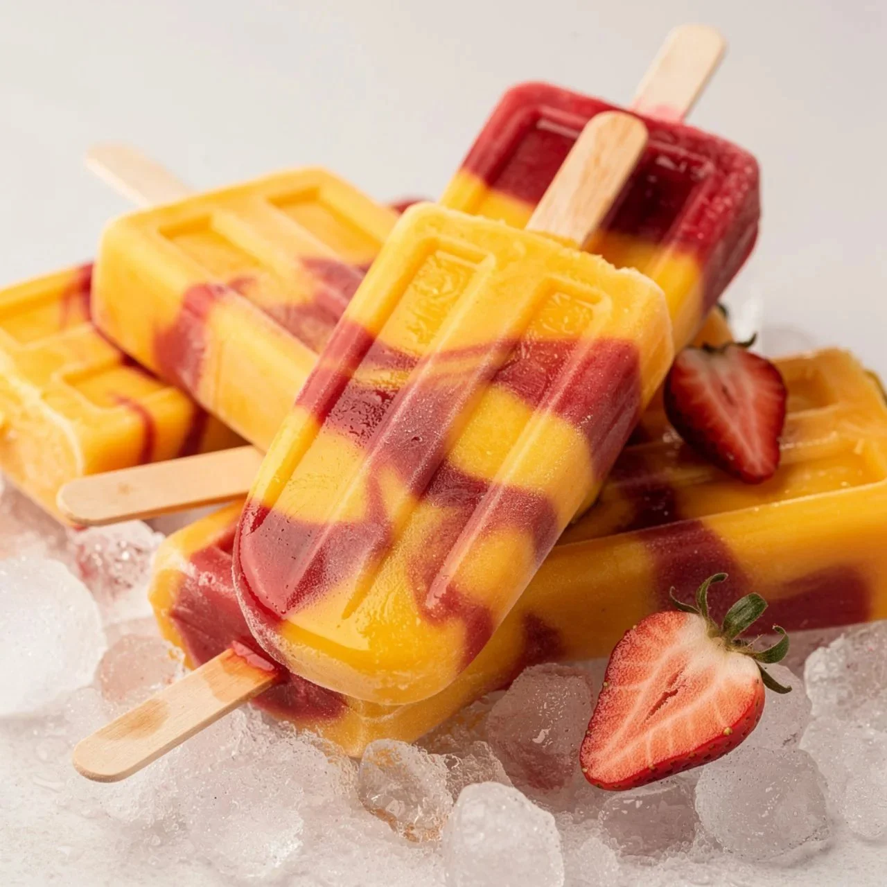 Strawberry mango popsicles on a wooden table, perfect for summer treats