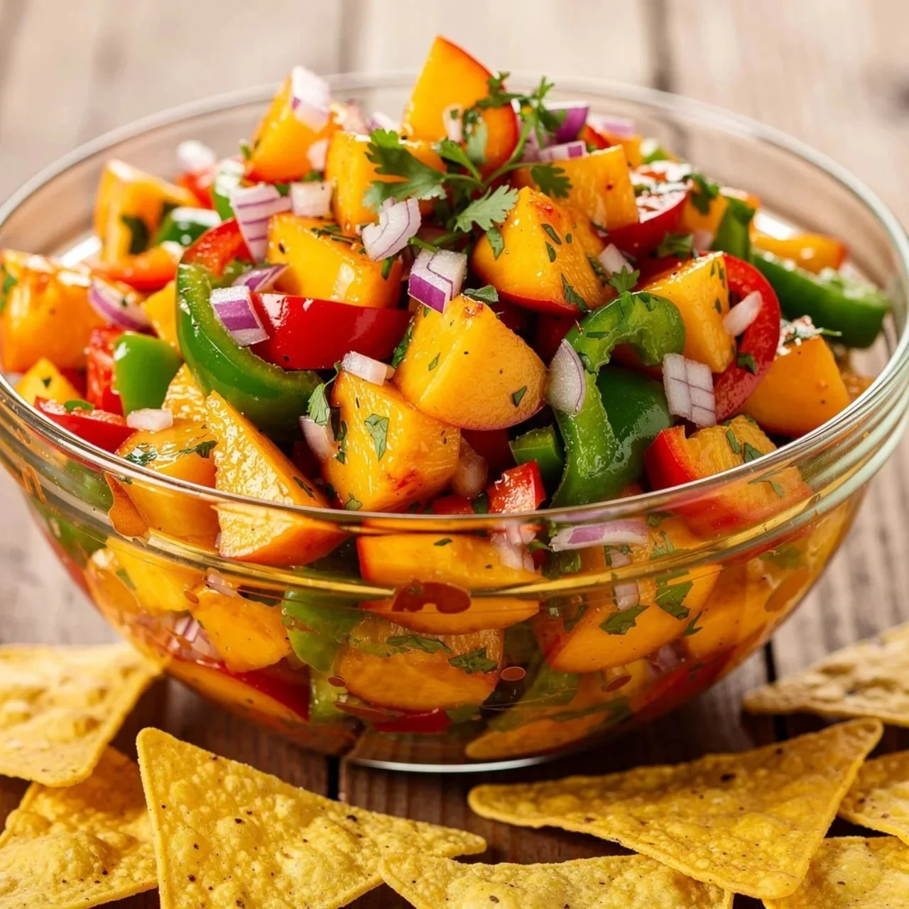 Delicious fresh peach salsa in a bowl with colorful ingredients