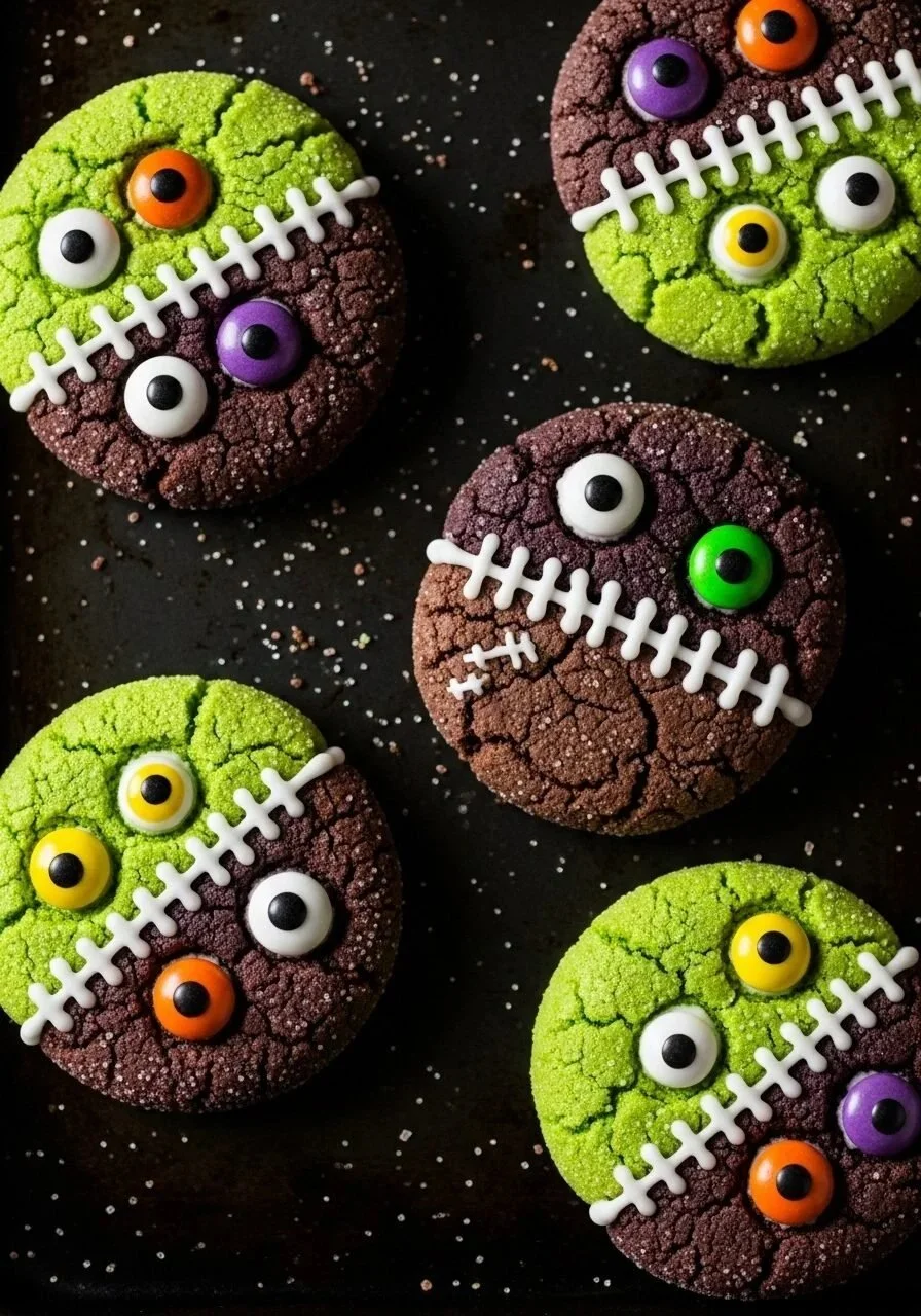 Vegan Halloween Cookies shaped like stitched monsters on a spooky background