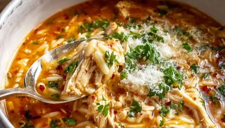 Bowl of warm Chicken Orzo Tomato Soup, a soothing comfort dish.